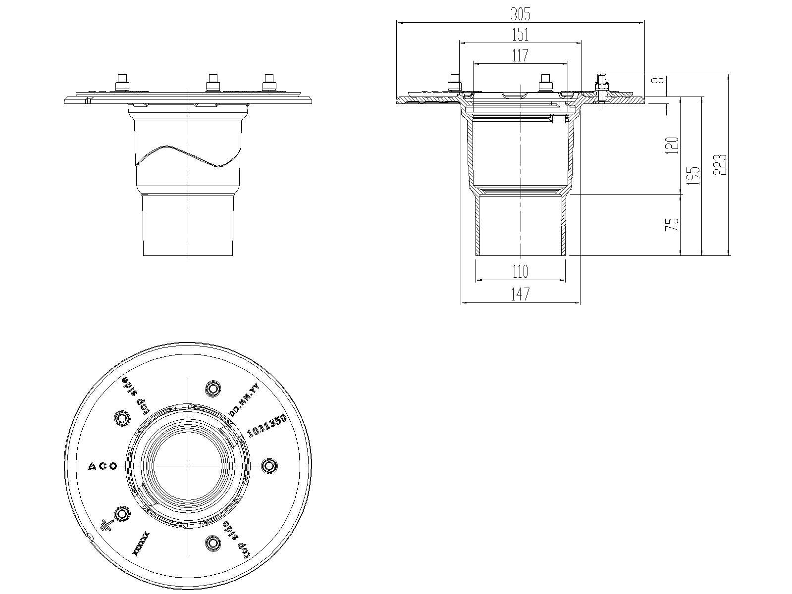 70341012_CAD Corpo de ralo não sifonado para coberturas em ferro fundido modelo ACO GRAVITY para impermeabilização com saída vertical DN100 ref.70341012