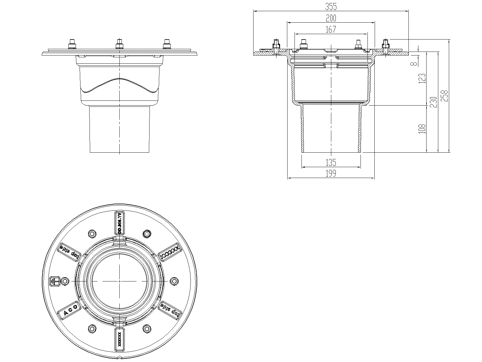 70351012_CAD Esquema de fondo no sifónico de sumidero de cubiertas de fundición tipo ACO GRAVITY para impermeabilización con salida vertical DN125 ref.70351012