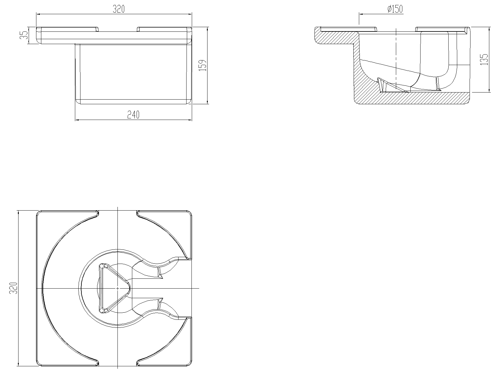 70403102_CAD Esquema do isolamento de poliuretano para fundo sumidouro de coberturas ACO GRAVITY com saída horizontal DN100 ref.70403102