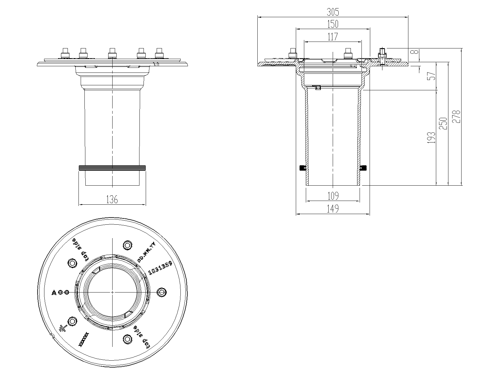 70471022_CAD Esquema do Seção superior en ferro fundido com revestimento de pintura bituminosa para ralos tipo ACO GRAVITY DN125/150 ref.70471022