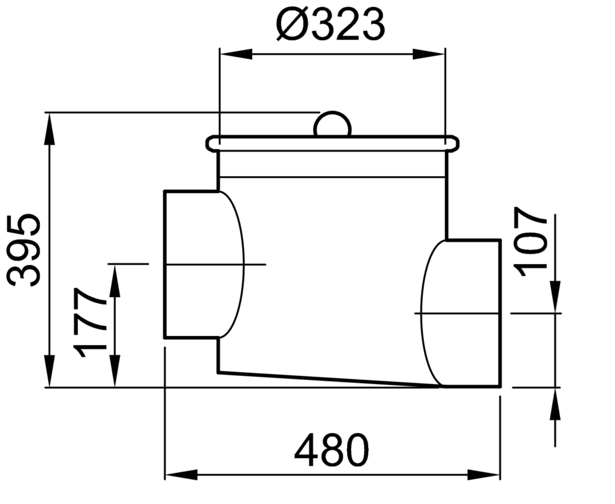 73000930 Esquema técnico de la cámara para toma de muestras con conexión DN200 y salida horizontal, fabricado en acero inoxidable AISI316. De dimensiones Ø323 H395.