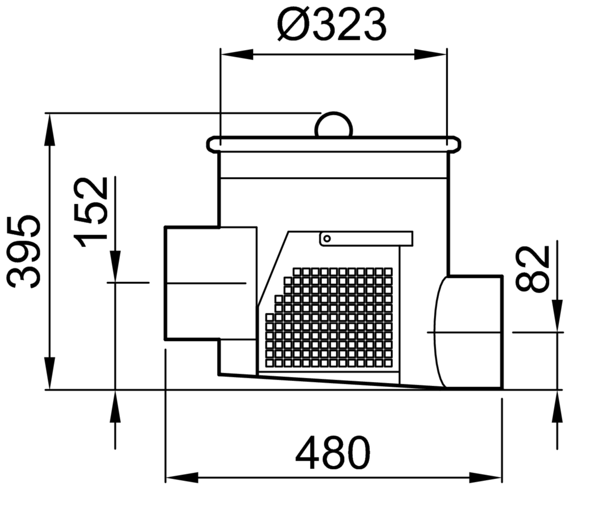 73000980 Esquema técnico del filtro de linea con conexión DN150 y salida horizontal, fabricado en acero inoxidable AISI316. De dimensiones Ø323 H395 con cestillo de acero inoxidable AISI316.