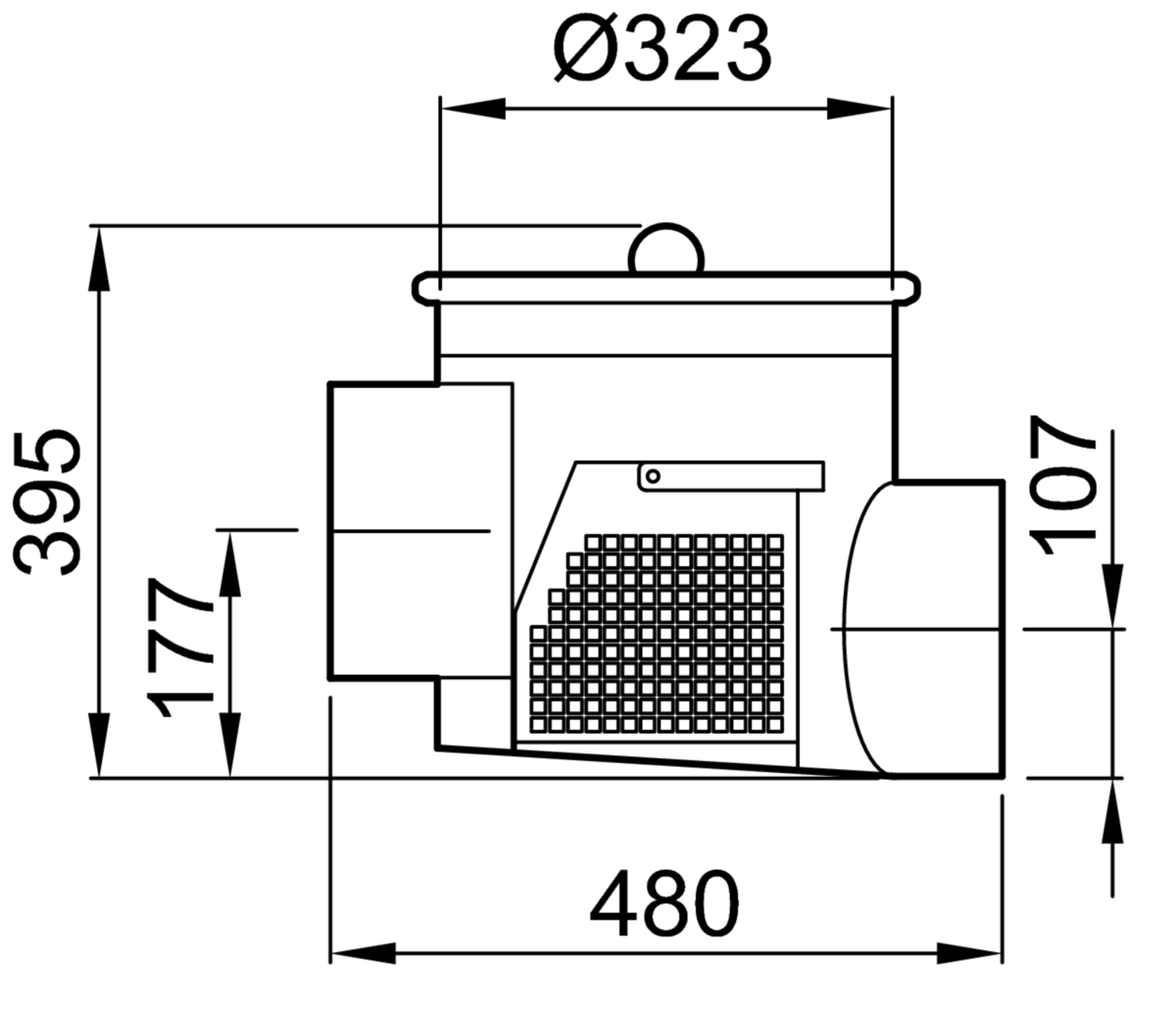 73000990 Esquema técnico del filtro de linea con conexión DN200 y salida horizontal, fabricado en acero inoxidable AISI316. De dimensiones Ø323 H395 con cestillo de acero inoxidable AISI316.