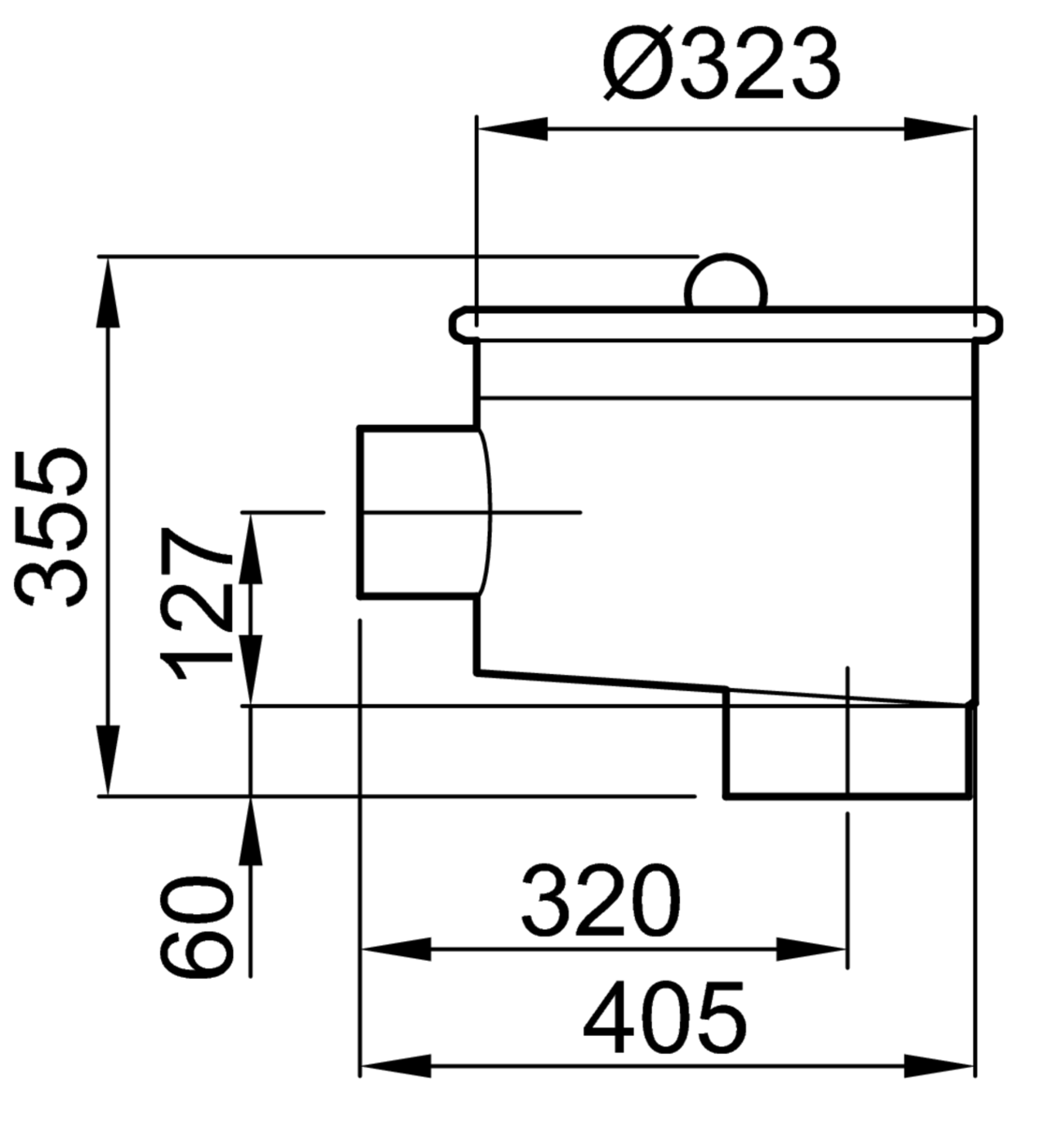 73001020 Esquema técnico de la cámara para toma de muestras con conexión DN100 y salida vertical, fabricado en acero inoxidable AISI316. De dimensiones Ø323 H355.