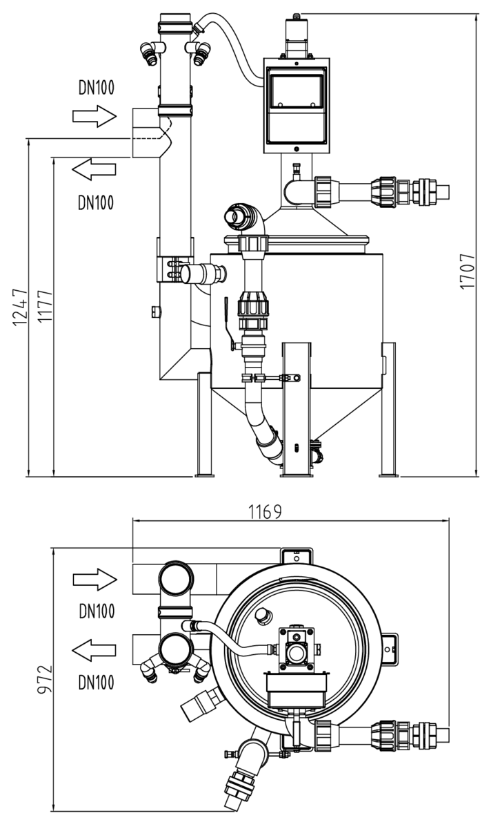 Esquema técnico del separador de grasas aéreo LIPATOR-S-RM NS2 de acero inodixable AISI304, de dimensiónes L1169 A972 H1707 DN100, con agitador.