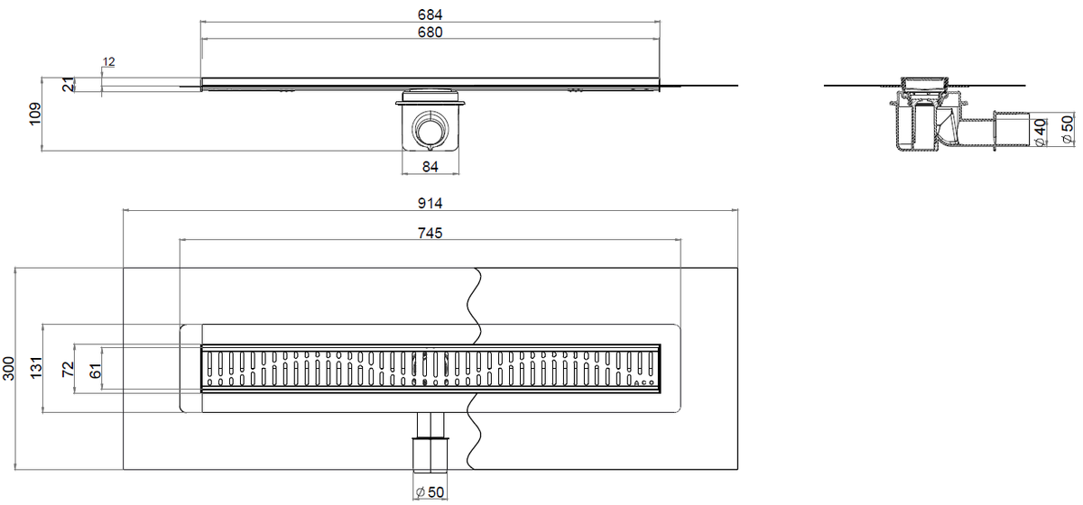 Esquema técnico del canal con tela SHOWERDRAIN-B L685 A70 H109 en acero inoxidable AISI304 con salida horizontal DN/OD 40/50 y con reja wave en acero inoxidable AISI304.