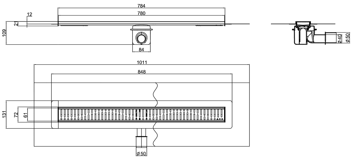 Esquema técnico do canal com tecido SHOWERDRAIN-B L785 A70 H109 em aço inoxidável AISI304 com saída horizontal DN/OD 40/50 e com grelha wave em aço inoxidável AISI304.