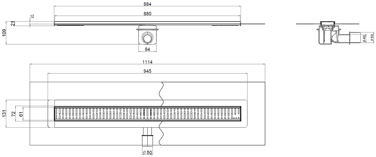 Esquema técnico del canal con tela SHOWERDRAIN-B L885 A70 H109 en acero inoxidable AISI304 con salida horizontal DN/OD 40/50 y con reja wave en acero inoxidable AISI304.