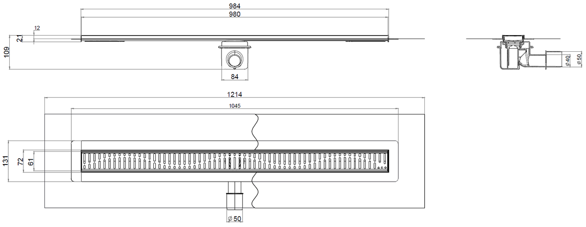 Esquema técnico del canal con tela SHOWERDRAIN-B L985 A70 H109 en acero inoxidable AISI304 con salida horizontal DN/OD 40/50 y con reja wave en acero inoxidable AISI304.