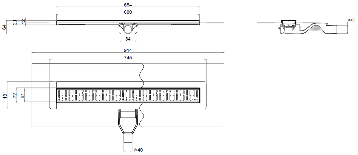 Esquema técnico del canal con tela SHOWERDRAIN-B L685 A70 H64 en acero inoxidable AISI304 con salida horizontal DN/OD 40 y con reja wave en acero inoxidable AISI304.