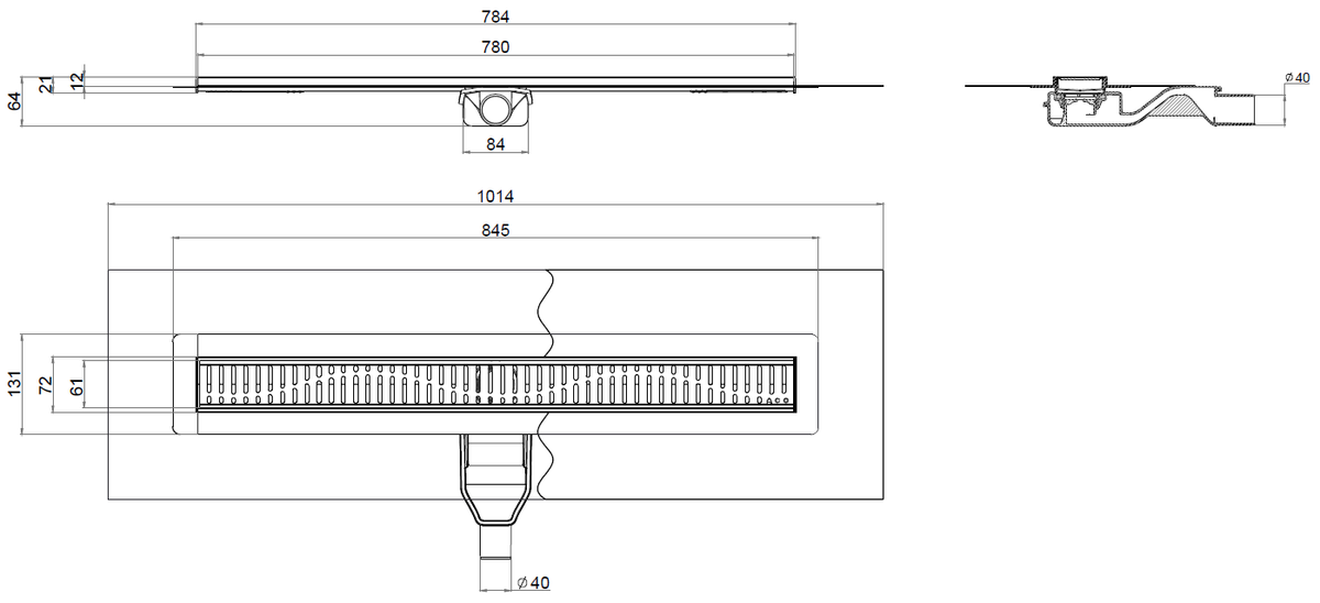 Esquema técnico do canal com tecido SHOWERDRAIN-B L785 A70 H64 em aço inoxidável AISI304 com saída horizontal DN/OD 40 e com grelha wave em aço inoxidável AISI304.