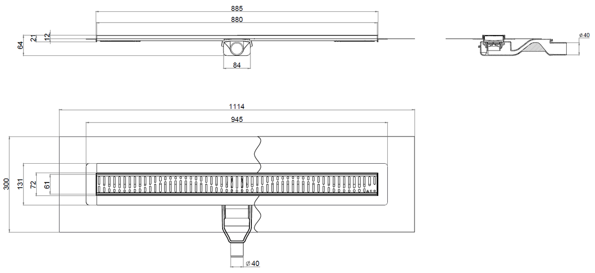 Esquema técnico do canal com tecido SHOWERDRAIN-B L885 A70 H64 em aço inoxidável AISI304 com saída horizontal DN/OD 40 e com grelha wave em aço inoxidável AISI304.