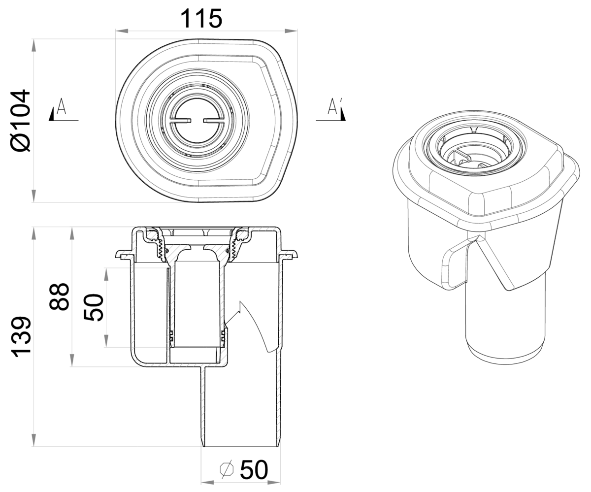 Esquema técnico de la cazoleta para SHOWERDRAIN-M/B L115 A103 H139 en plástico ABS, con salida vertical DN50 y sifón.