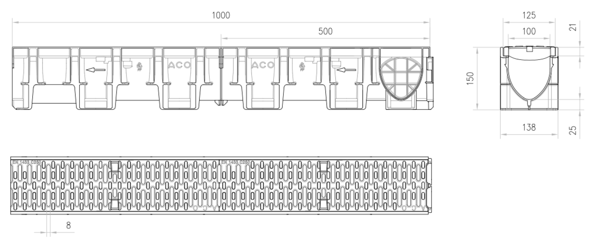Esquema técnico del conjunto de canal XTRADRAIN 100 L1000 H150 en composite plásico con premarca para salida vertical DN/OD 110 y reja pasarela en fundición B125 con sistema de fijación Drainlock