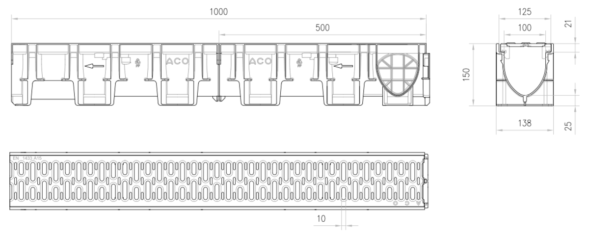 C0002008 Esquema técnico del conjunto de canal XTRADRAIN 100 L1000 H150 en composite plásico con premarca para salida vertical DN/OD 110 y reja pasarela en acero galvanizado A15 con sistema de fijación Drainlock