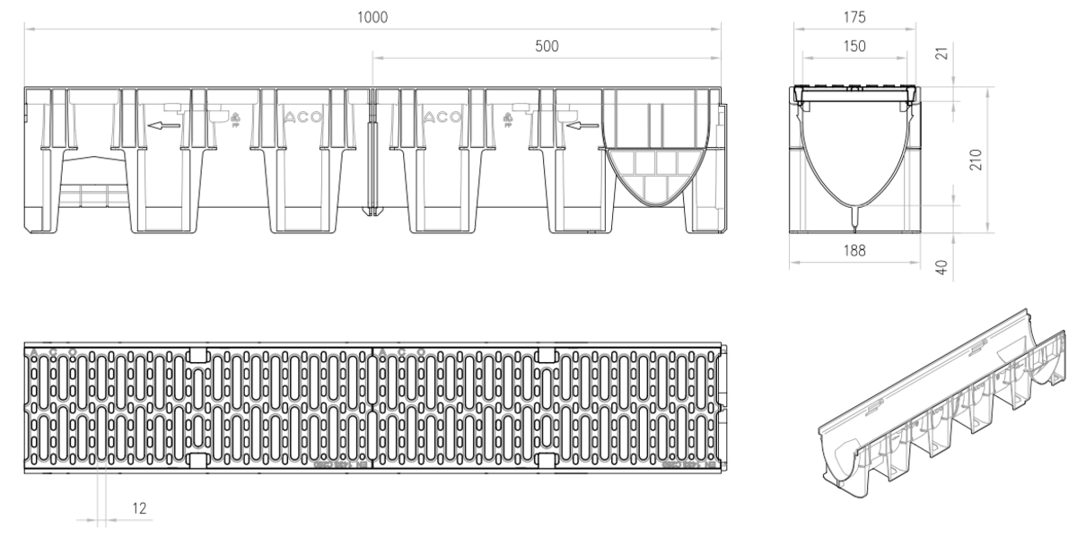 C0002009 Esquema técnico del conjunto de canal XTRADRAIN 150 L1000 H210 en composite plásico con premarca para salida vertical DN/OD 160 y reja pasarela en fundición C250 con sistema de fijación Drainlock
