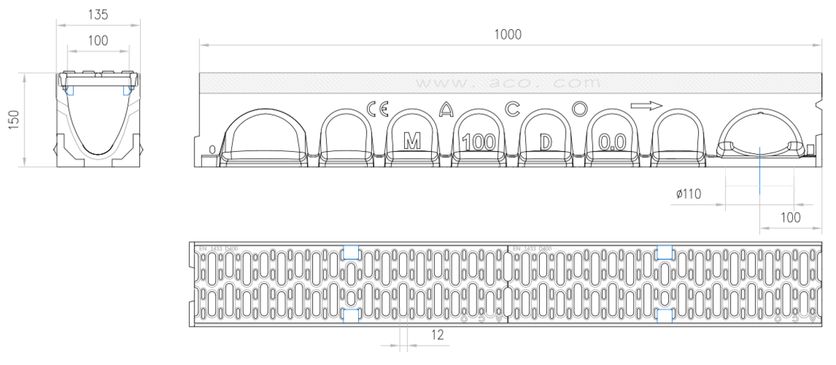 Esquema técnico do canal MULTIDRAIN 100 0.0 L1000 H150 em betão polímerico com grelha passarela em fundição D400, sistema de fixação Drainlock e pré-marca rompivel vertical DN/OD 110