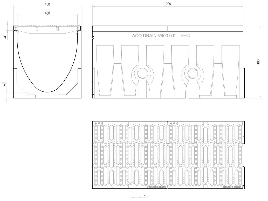 C0002200 Esquema técnico del conjunto de canal MULTILINE 400 0.0 L1000 H480 en hormigon polímero y reja pasarela en fundición E600 con sistema de fijación Drainlock
