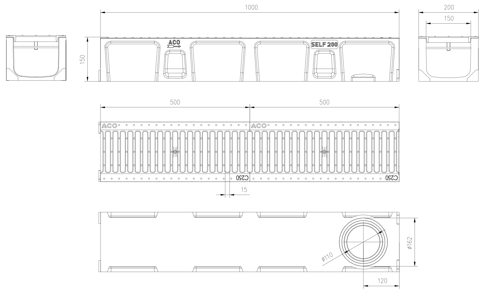 Esquema técnico del conjunto de canal SELF 200 L1000 H150 en hormigon polímero con premarca para salida vertical DN/OD 160 y reja pasarela en fundición C250 con sistema de fijación por clavija