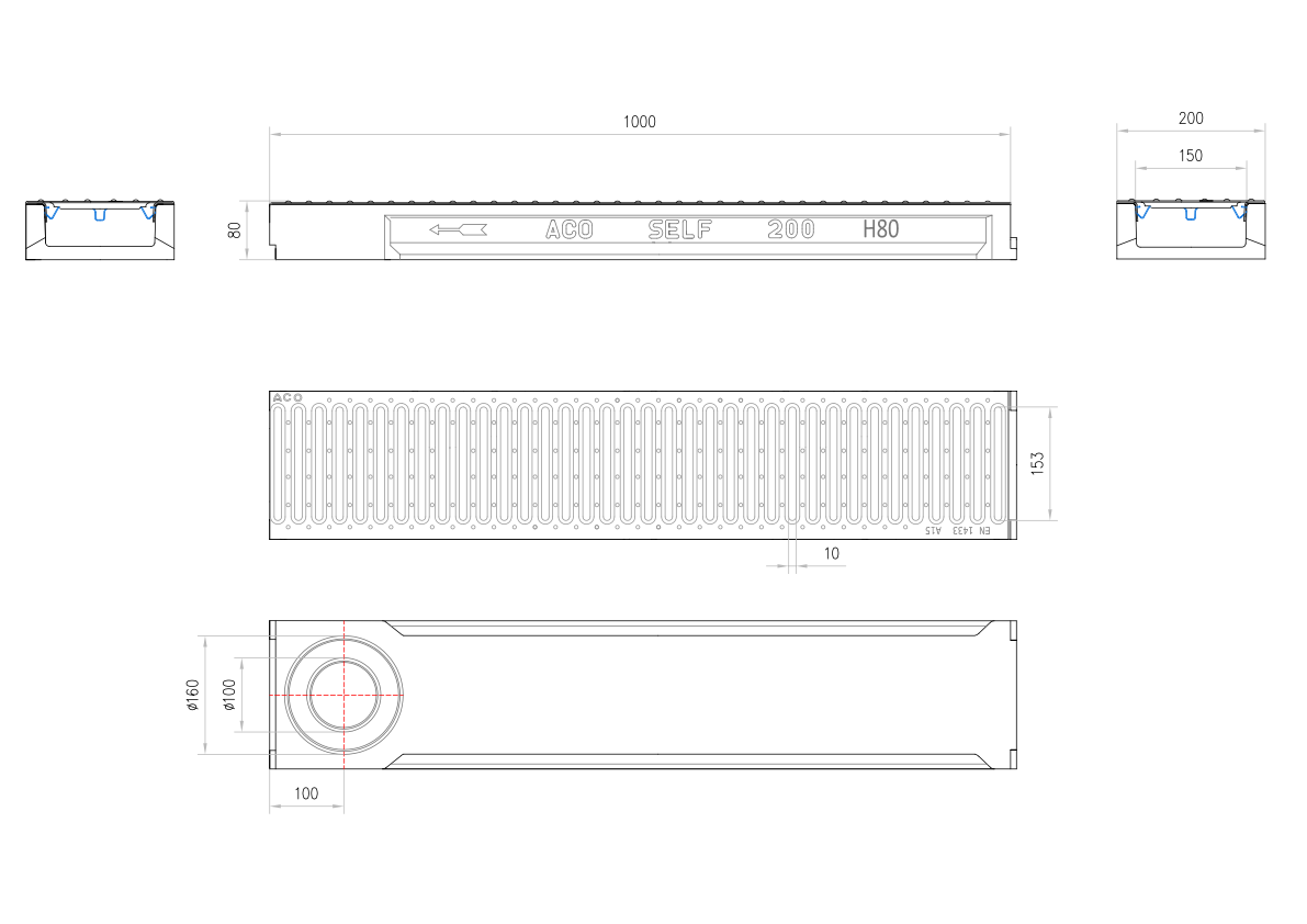 C0150020 Esquema técnico del conjunto de canal SELF 200 L1000 H80 en hormigon polímero con premarca para salida vertical DN/OD 110/160 y reja pasarela en acero galvanizado A15 con sistema de fijación por Springlock
