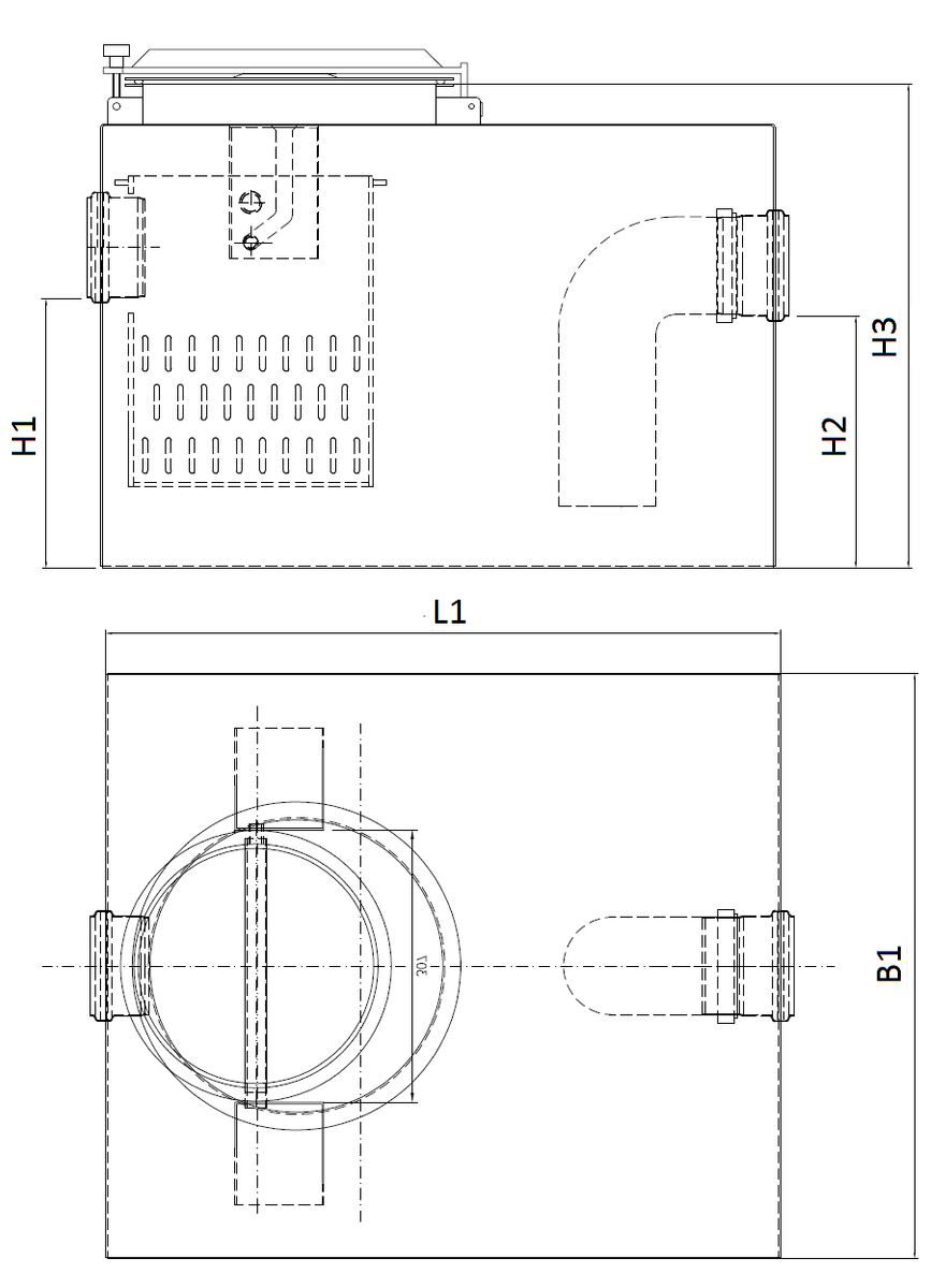 Esquema técnico do separador de gorduras biolígico aéreo FSS NS1 em aço inoxidável AISI316, de dimensões L510 A500 H340