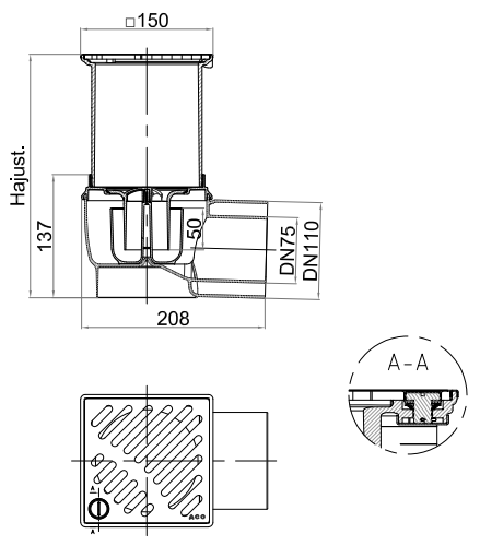 CG000001 Esquema 2D del conjunto ACO Easyflow CG000001 compuesto por el cuerpo y reja 51412300 y el fondo 27000500.