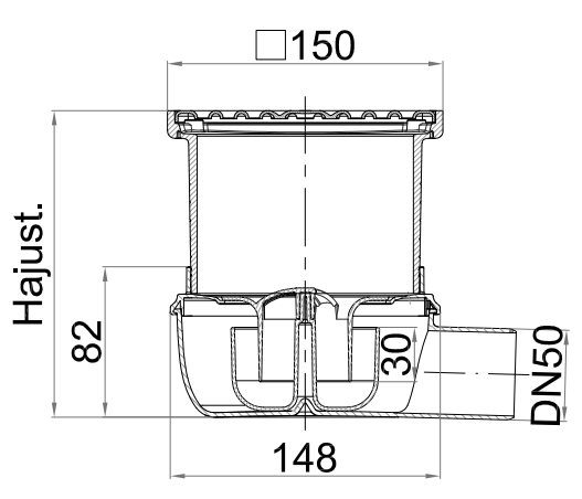 CG000003 Esquema 2D do conjunto ACO Easyflow CG000003 que consiste no corpo com grelha 27007711 e fundo 25050500.