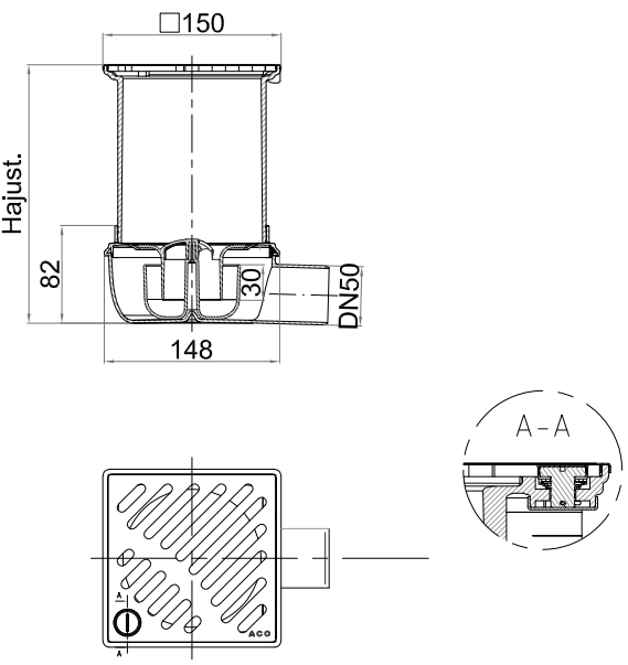 CG000004 Esquema 2D do conjunto ACO Easyflow CG000004 que consiste no corpo com grelha 51412300 e fundo 25050500.