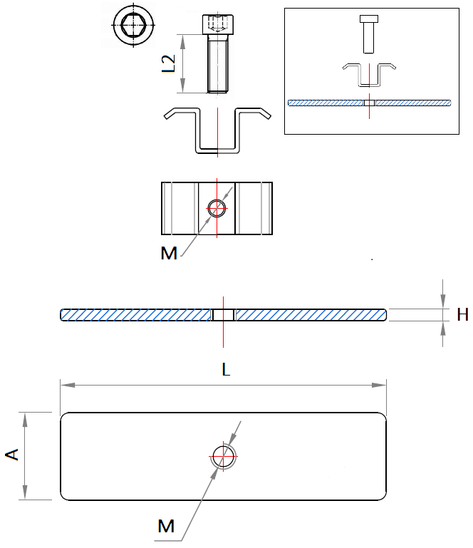 Esquema técnico general del kit antirrobo con clavija, tornillo tipo DIN912 y palomilla.