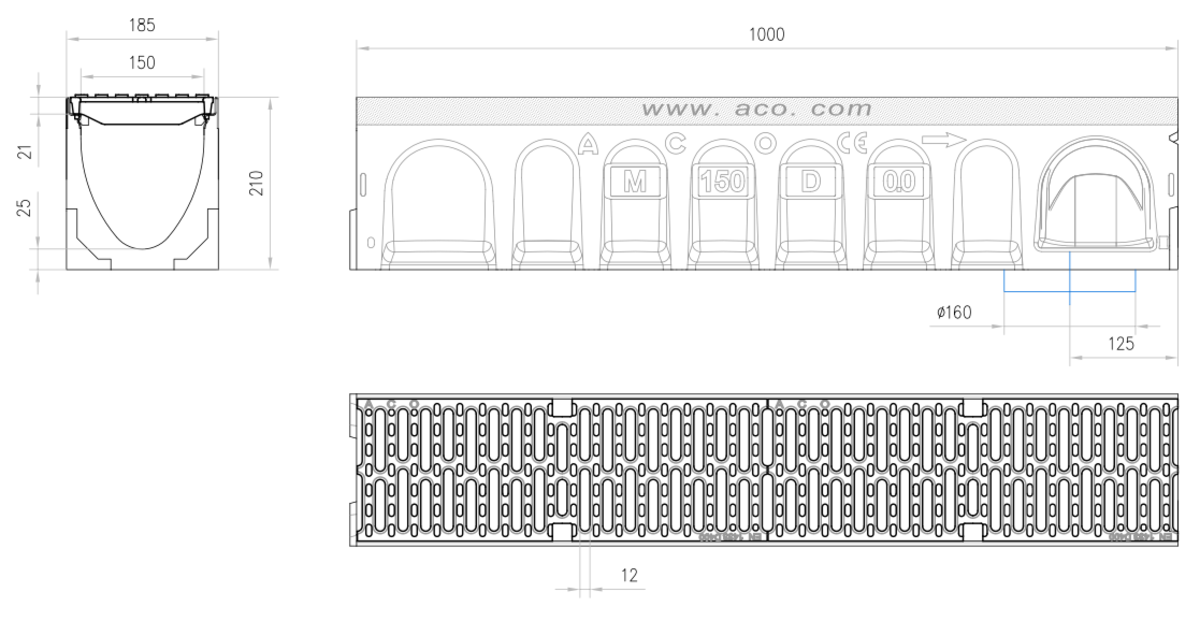 Esquema técnico del canal MULTIDRAIN 150 0.0 L1000 H210 de hormigón polímero con reja pasarela de fundición, sistema de fijación Drainlock y con premarca rompible DN/OD 160