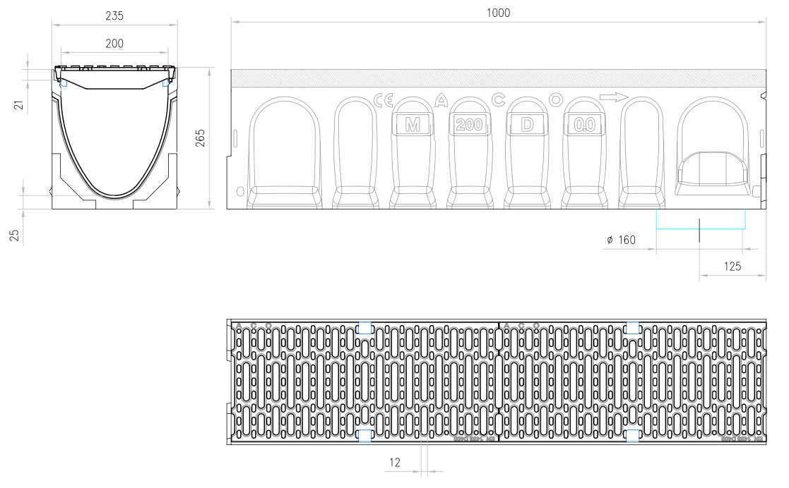 Esquema técnico do canal MULTIDRAIN 200 0.0 L1000 H265 em betão polímerico com grelha passarela em fundição, sistema de fixação Drainlock e com pré-marca rompivel DN/OD 160