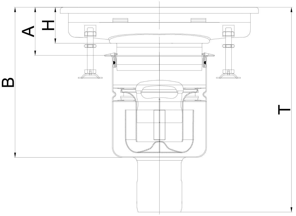 Esquema técnico generico de alturas de instalación del conjunto del canal BOX HF con fondo sumidero de salida vertical.