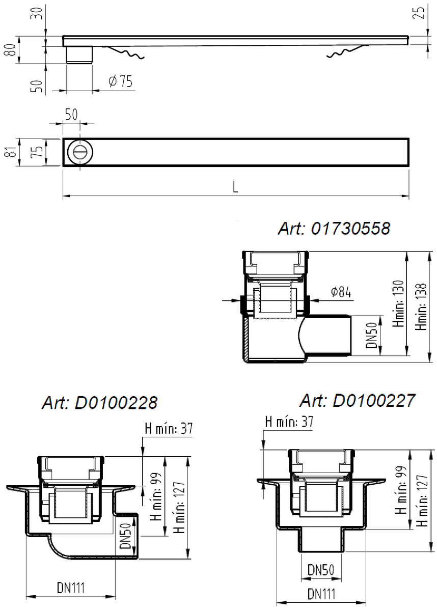 Esquema técnico do canal CLASSIC em aço inoxidável AISI304 com saida vertical DN/OD 75 e com grelha wave K3. Inclui esquema dos possíveis cazos.