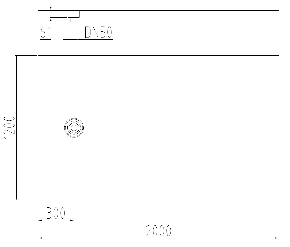 Esquema técnico de la cazoleta en PVC, con tela de dimensiones L1200 A2000, con conexión Ø75 y salida horizontal DN75 descentrada.