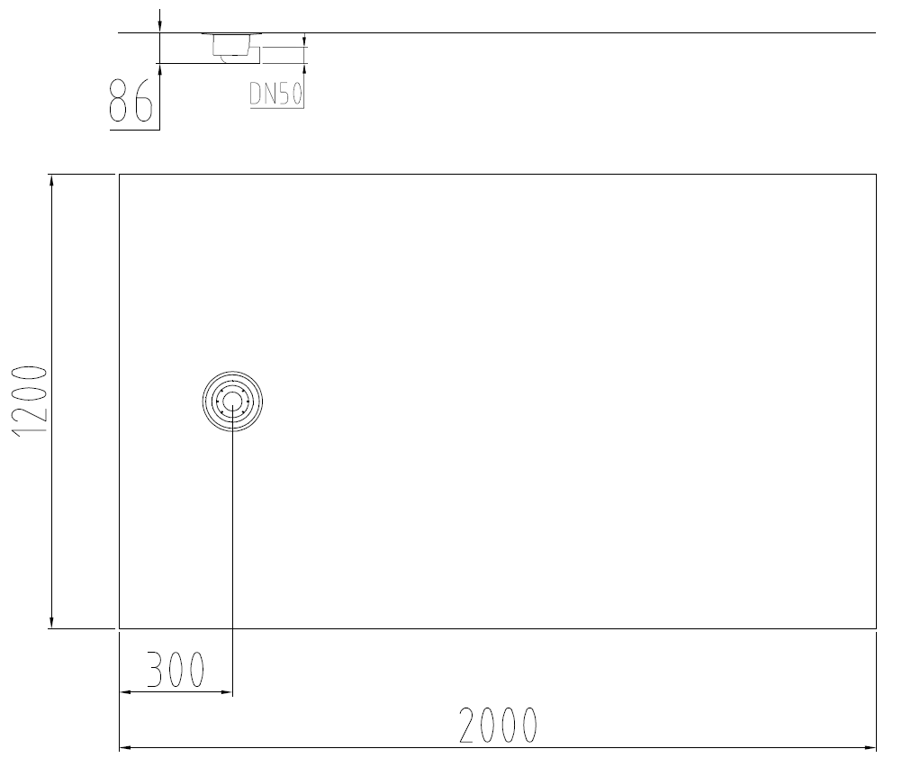 Esquema técnico da caixa em PVC, com tela de dimensões L1200 A2000, com conexão Ø75 e com saída horizontal DN50 descentralizada.