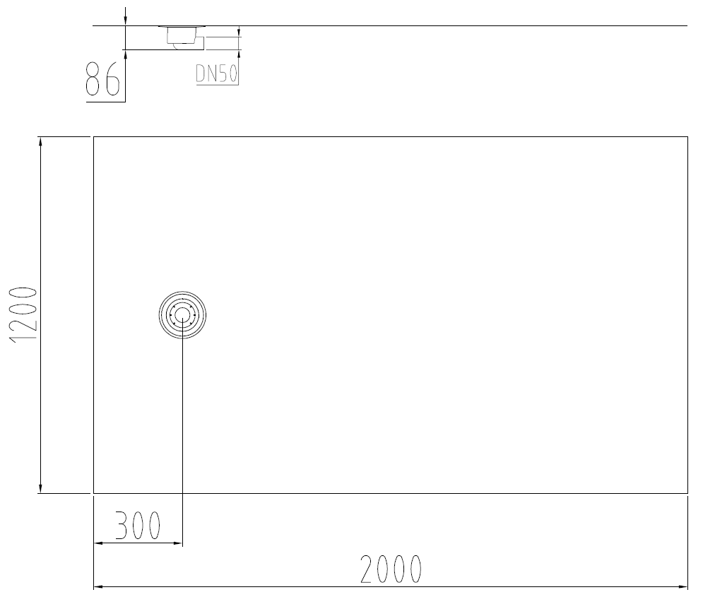 Esquema técnico de la cazoleta en PVC, con tela de dimensiones L1200 A2000, con conexión Ø75 y salida horizontal DN50 descentrada.