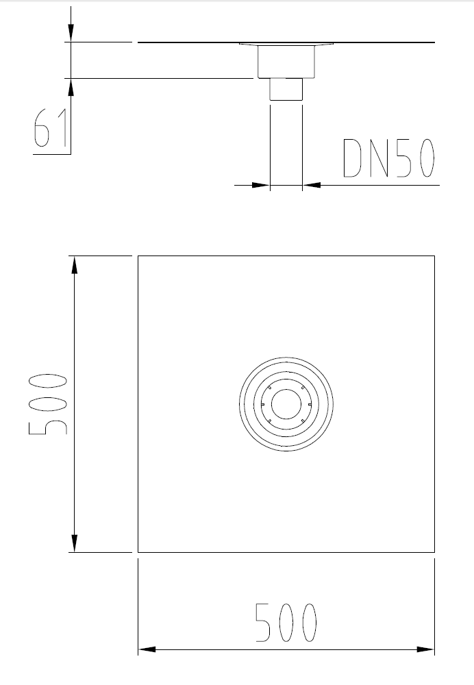 Esquema técnico de la cazoleta en PVC, con tela de dimensiones L500 A500, con conexión Ø75 y salida vertical DN50 centrada.