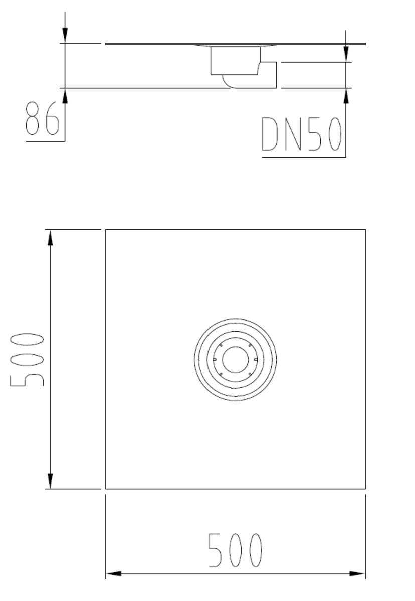Esquema técnico de la cazoleta en PVC, con tela de dimensiones L500 A500, con conexión Ø75 y salida horizontal DN50 centrada.