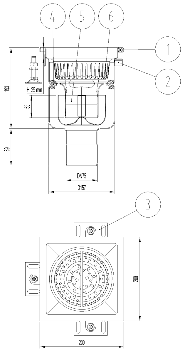 Esquema técnico del sumidero industrial EG FIJO, fabricado en acero inoxidable AISI304, de dimensiones L200 A200 H285 fondo Ø157, salida vertical DN75, con sifón y cestillo.