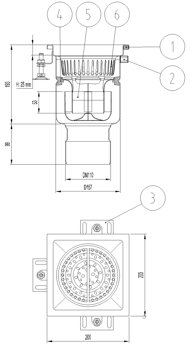 Esquema técnico do sumidouro industrial EG FIXO, fabricado em acero inoxidável AISI304, de dimensões L200 A200 H292 fundo Ø157, saída vertical DN110, com sifão e cesto.