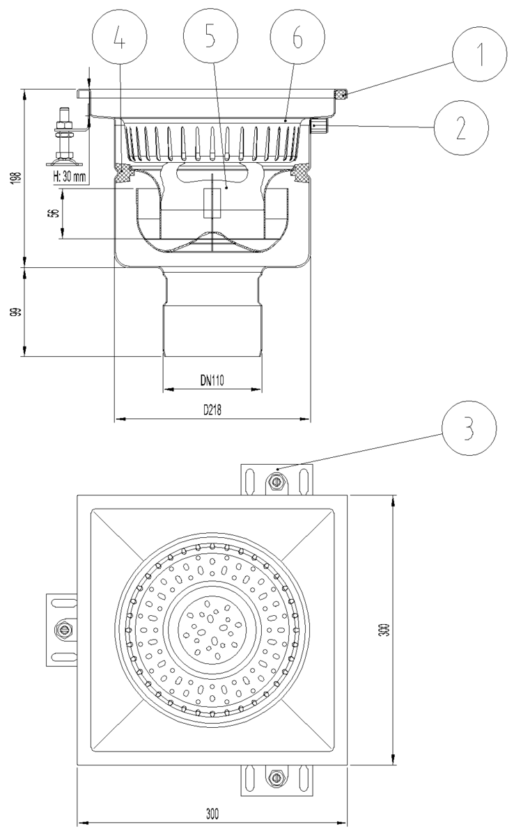 Esquema técnico del sumidero industrial EG FIJO, fabricado en acero inoxidable AISI304, de dimensiones L300 A300 H297 fondo Ø218, salida vertical DN110, con sifón y cestillo.