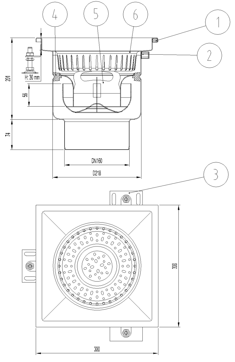 Esquema técnico do sumidouro industrial EG FIXO, fabricado em acero inoxidável AISI304, de dimensões L300 A300 H274 fundo Ø218, saída vertical DN160, com sifão e cesto.