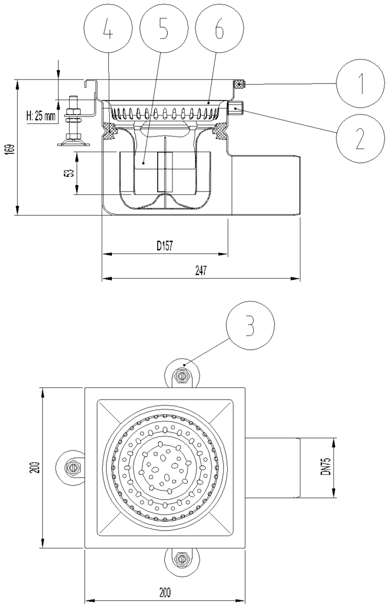 Esquema técnico do sumidouro industrial EG FIXO, fabricado em acero inoxidável AISI304, de dimensões L200 A200 H170 fundo Ø157, saída horisontal DN75, com sifão e cesto.