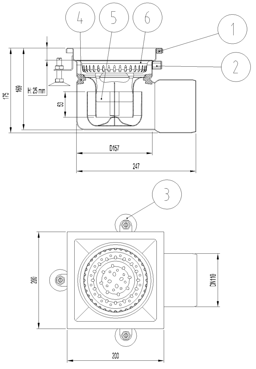 Esquema técnico do sumidouro industrial EG FIXO, fabricado em acero inoxidável AISI304, de dimensões L200 A200 H170 fundo Ø157, saída horisontal DN110, com sifão e cesto.