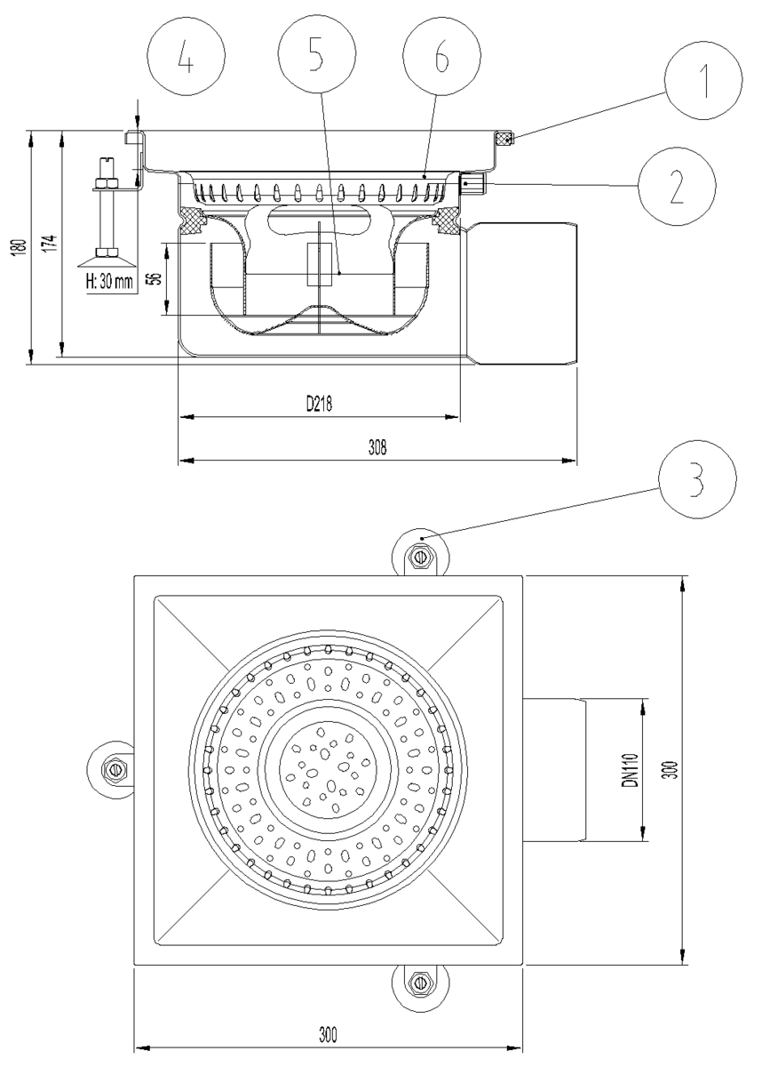 Esquema técnico do sumidouro industrial EG FIXO, fabricado em acero inoxidável AISI304, de dimensões L300 A300 H185 fundo Ø218, saída horizontal DN110, com sifão e cesto.