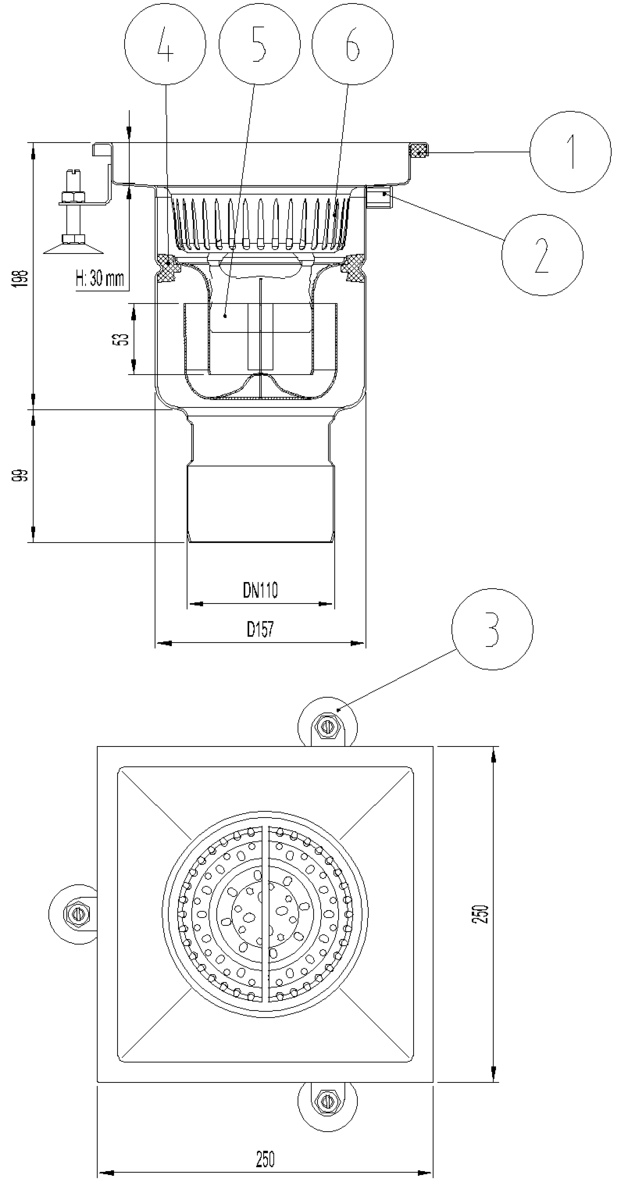 Esquema técnico del sumidero industrial EG FIJO, fabricado en acero inoxidable AISI304, de dimensiones L250 A250 H297 fondo Ø157, salida vertical DN110, con sifón y cestillo.