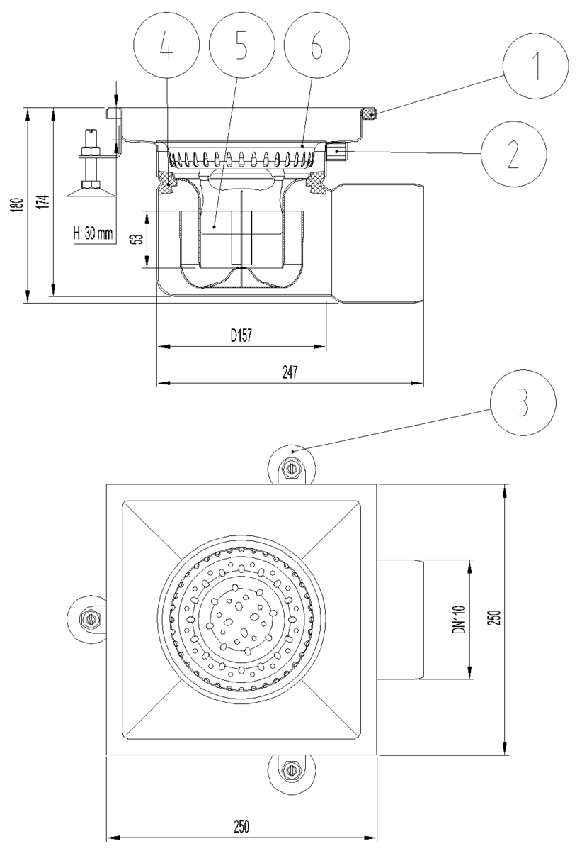 Esquema técnico do sumidouro industrial EG FIXO, fabricado em acero inoxidável AISI304, de dimensões L250 A250 H175 fundo Ø157, saída horizontal DN110, com sifão e cesto.