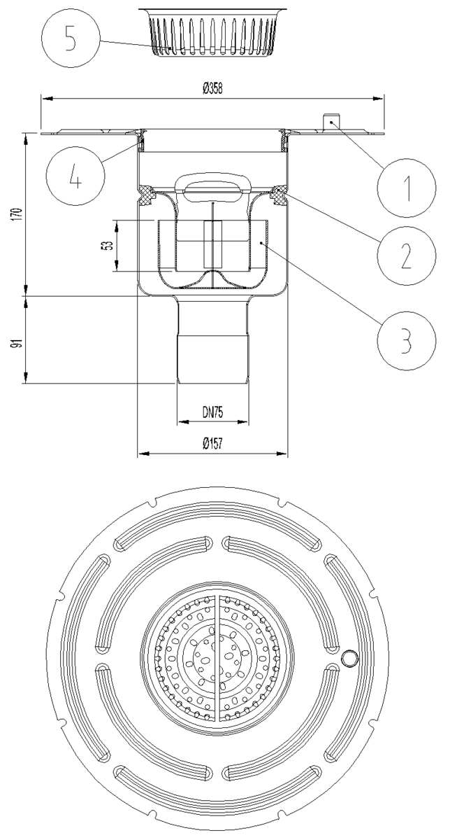 EG408051 Esquema técnico do corpo de ralo industrial EG TELESCOPICO, fabricado em acero inoxidável AISI304, de dimensões Ø358 H261 fundo Ø157, com aro para impermeabilização líquida, saída vertical DN75, com sifão e cesto.
