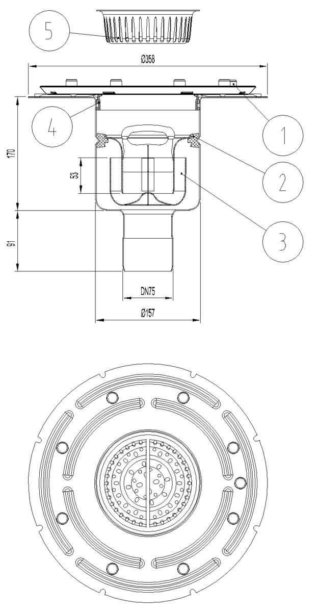 EG408053 Esquema técnico del fondo sumidero industrial EG TELESCOPICO, fabricado en acero inoxidable AISI304, de dimensiones Ø358 H261 fondo Ø157, con marco para clipaje de tela, salida vertical DN75, con sifón y cestillo.