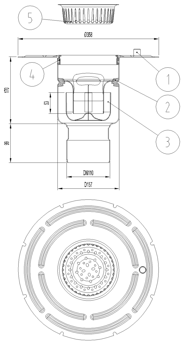 Esquema técnico do corpo de ralo industrial EG TELESCOPICO, fabricado em acero inoxidável AISI304, de dimensões Ø358 H261 fundo Ø157, com aro para impermeabilização líquida, saída vertical DN110, com sifão e cesto.